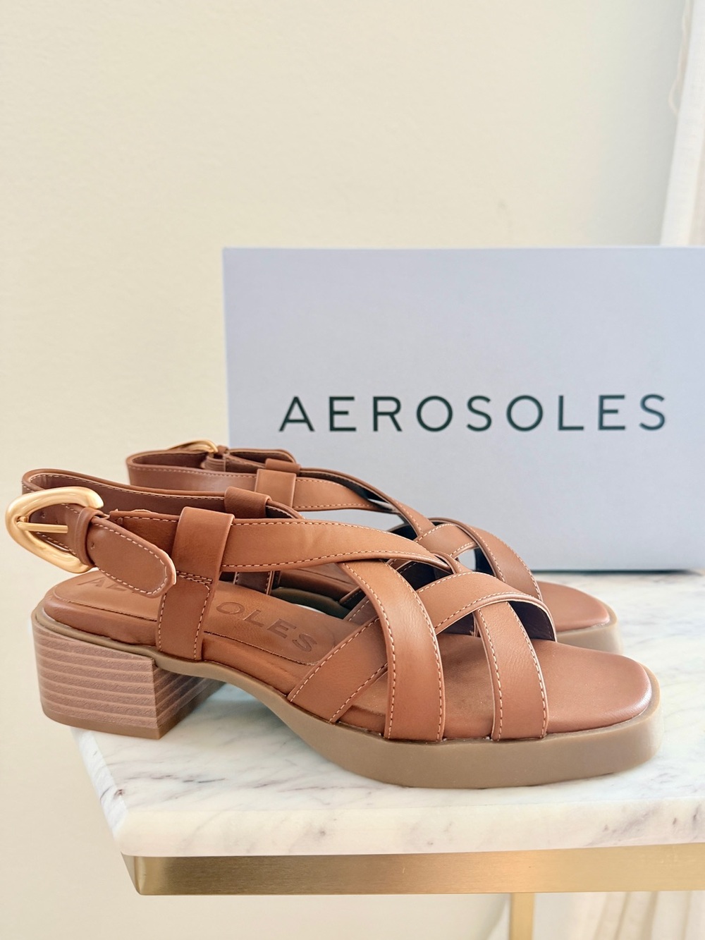🌟 AEROSOLES Daily Strappy Block Heeled Sandals Tan Faux Leather 6.5